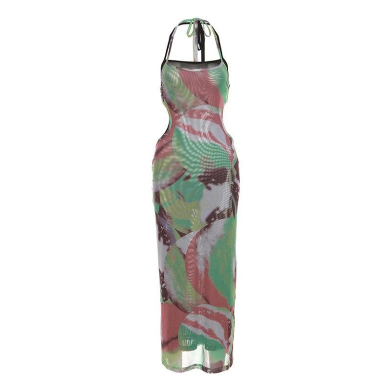 Halter self tie contrast print sheer mesh backless hollow out maxi dress  | samba dress