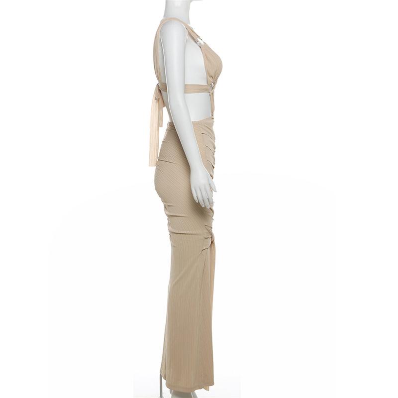 O ring textured hollow out self tie ruched tank maxi dress  | red tango dress