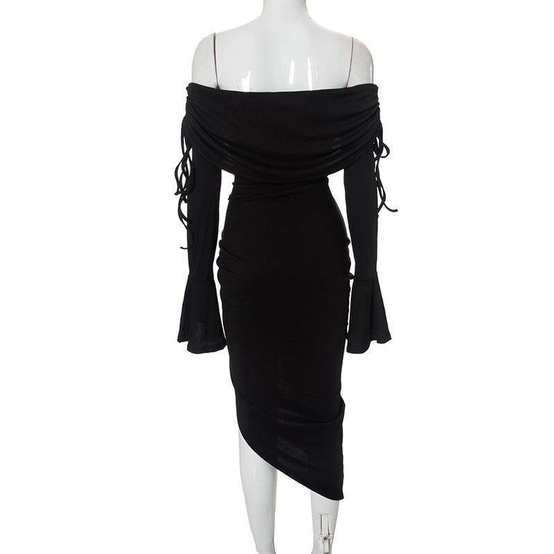 Flared sleeve off shoulder slit ruched self tie midi dress