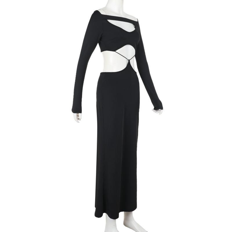 Long sleeve hollow out solid maxi dress