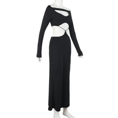 Long sleeve hollow out solid maxi dress