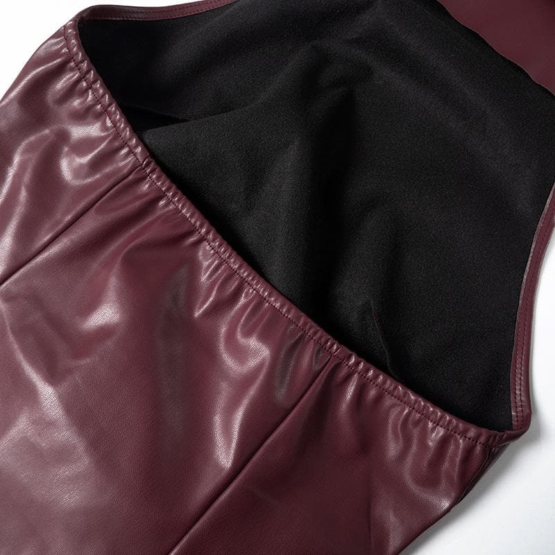 PU leather halter ruched button mini dress