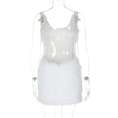 U neck fluffy zip-up backless cami mini dress