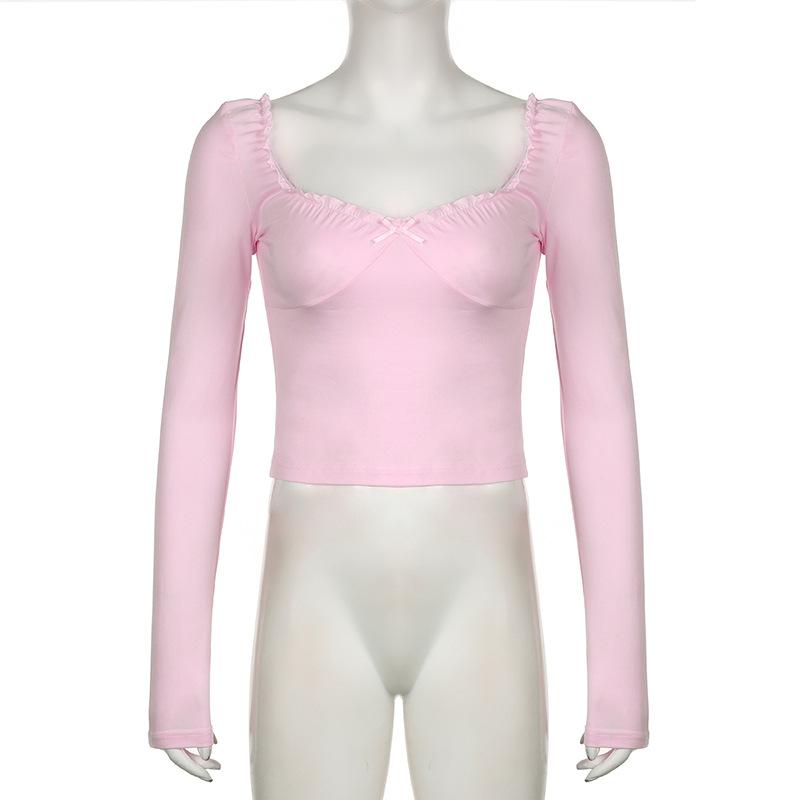 Long sleeve bowknot sweetheart neck ruffle top