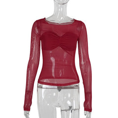 Long sleeve mesh ruched solid top