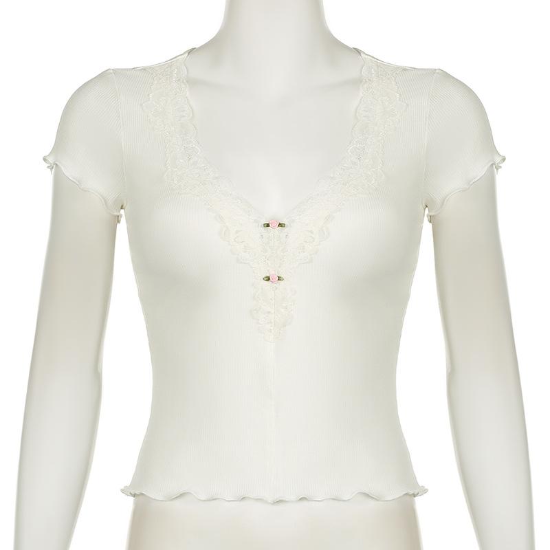 Short sleeve v neck ruffle lace hem ribbed top