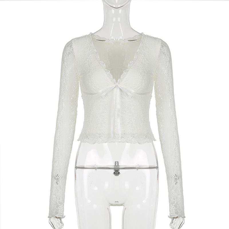 V neck long sleeve lace bowknot top