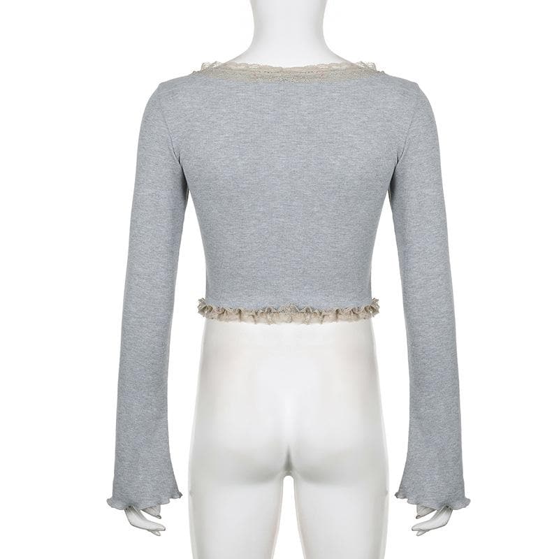 Ruffle solid ribbed contrast long sleeve cross front crop top