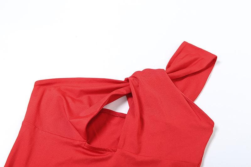 One shoulder ruched hollow out solid cami cut out maxi dress  | red tango dress