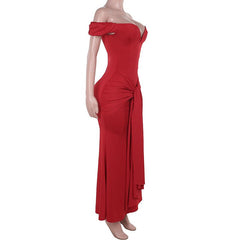 Off shoulder ruched knotted zip-up maxi dress  | red tango dress