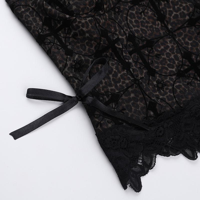 Leopard print cross pattern bowknot lace cami top