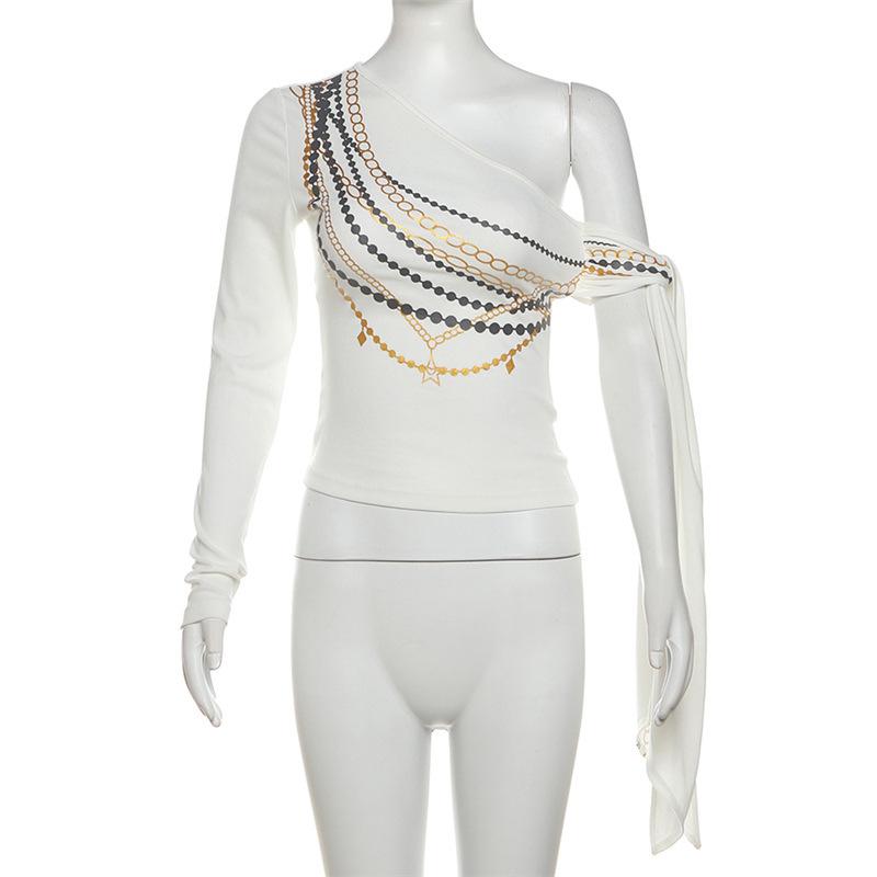 One shoulder long sleeve metal chain print top