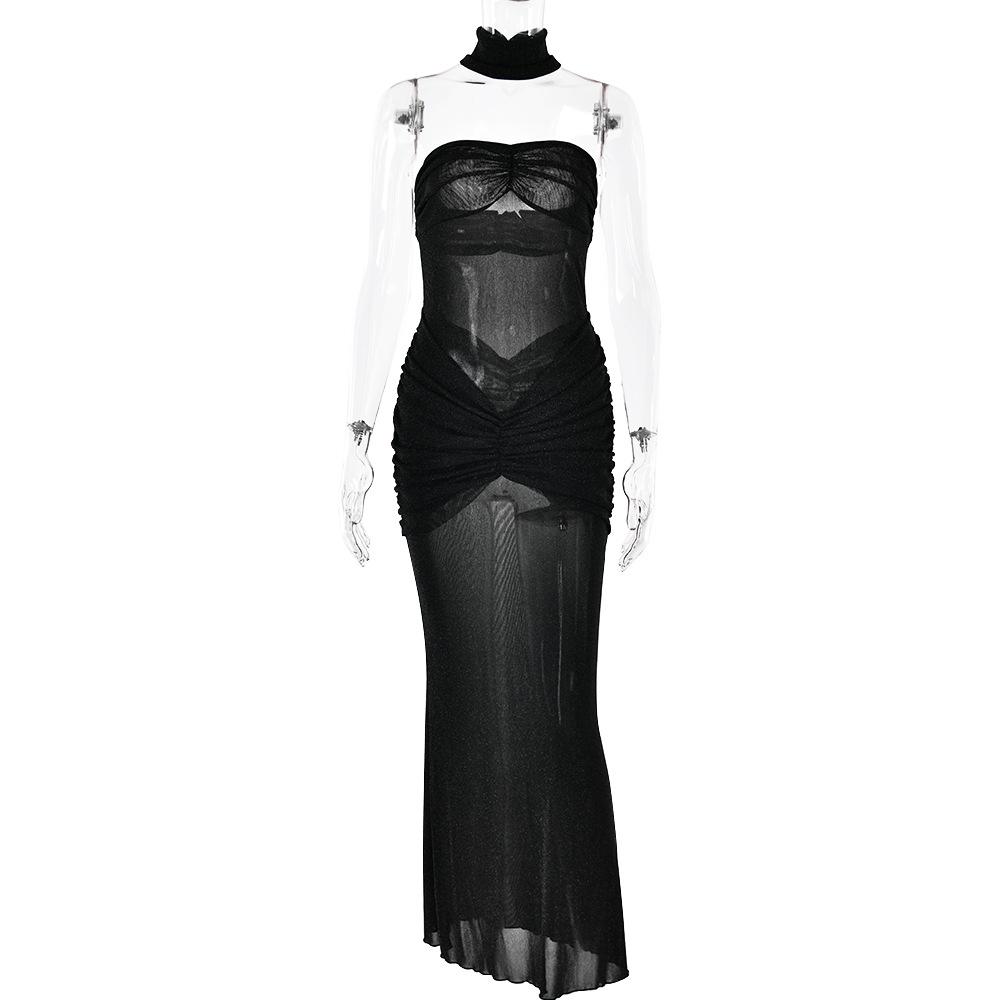 Sweetheart neck ruched see through glitter tube maxi dress