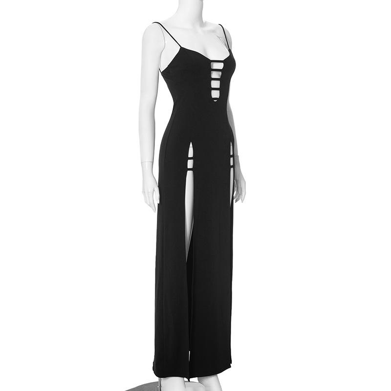 Hollow out high slit backless cami maxi dress