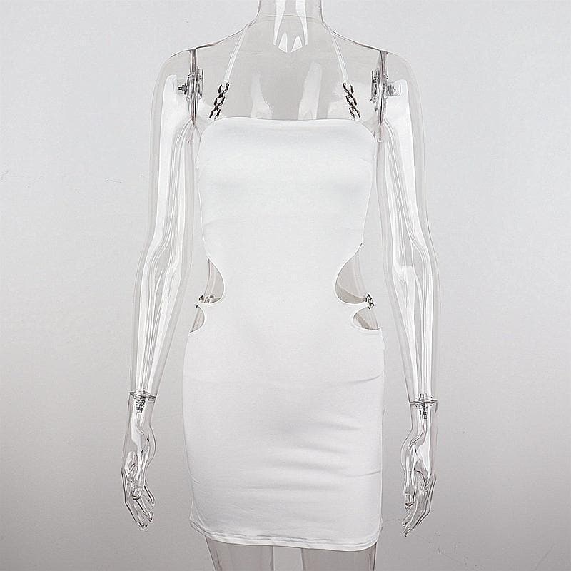 Halter metal chain hollow out backless solid mini dress