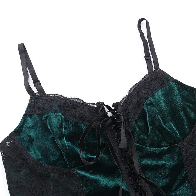 Velvet lace patchwork lace up sweetheart neck cami top