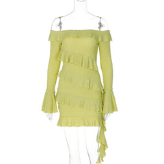 Off shoulder long flared sleeve ruffle mini dress