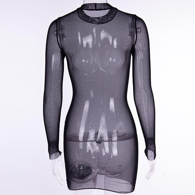Sheer mesh see through solid long sleeve mini bodycon dress  | samba dress