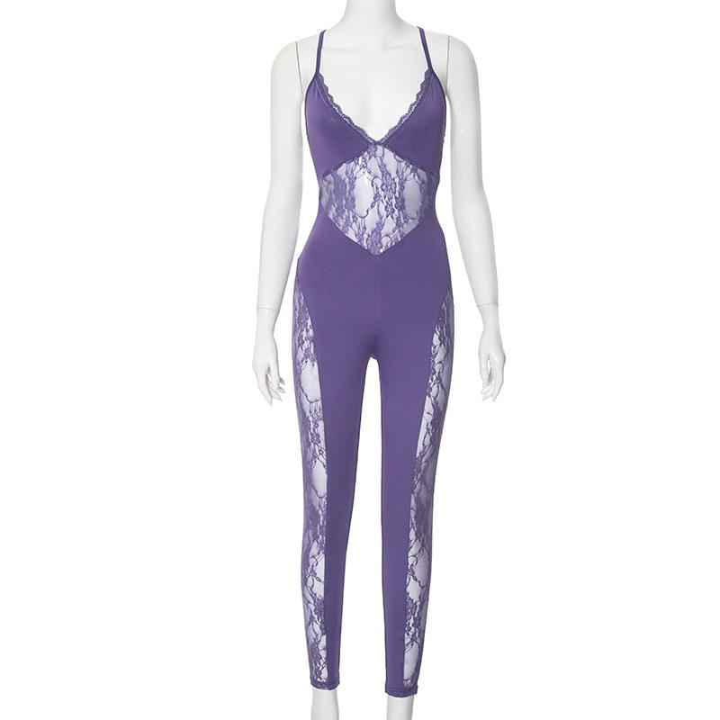 V neck lace patchwork cross back cami jumpsuit