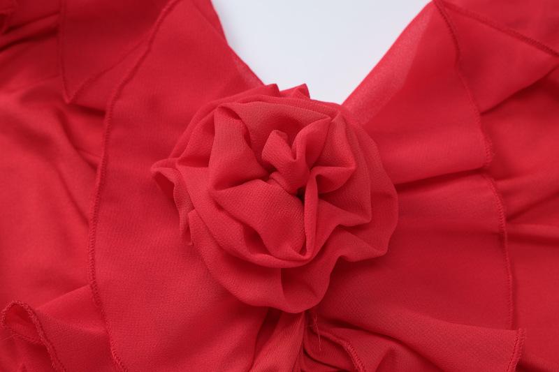 Flower applique ruffle ruched backless cami maxi dress  | red tango dress