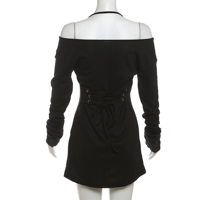 Halter long sleeve off shoulder fluffy mini dress