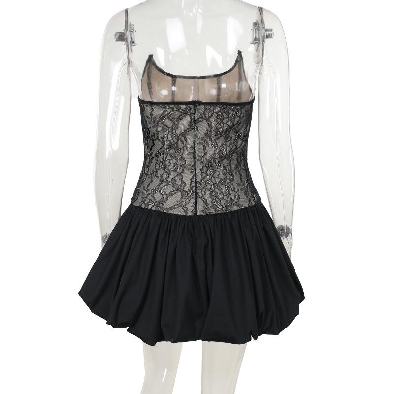 U neck corset lace patchwork tube mini dress