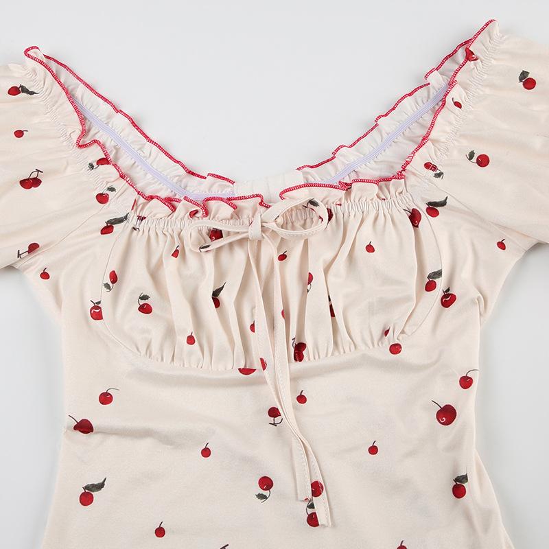 Short puff sleeve knotted ruched cherry print bodysuit