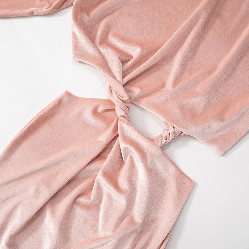 High neck long sleeve velvet hollow out knotted midi dress