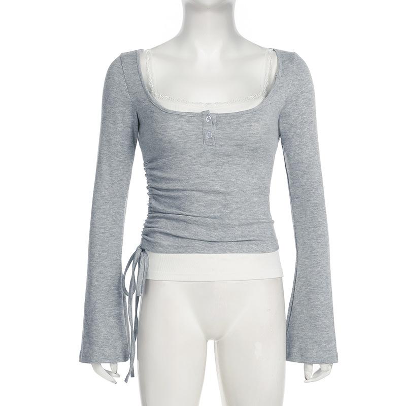 U neck long sleeve lace hem drawstring 2 piece top