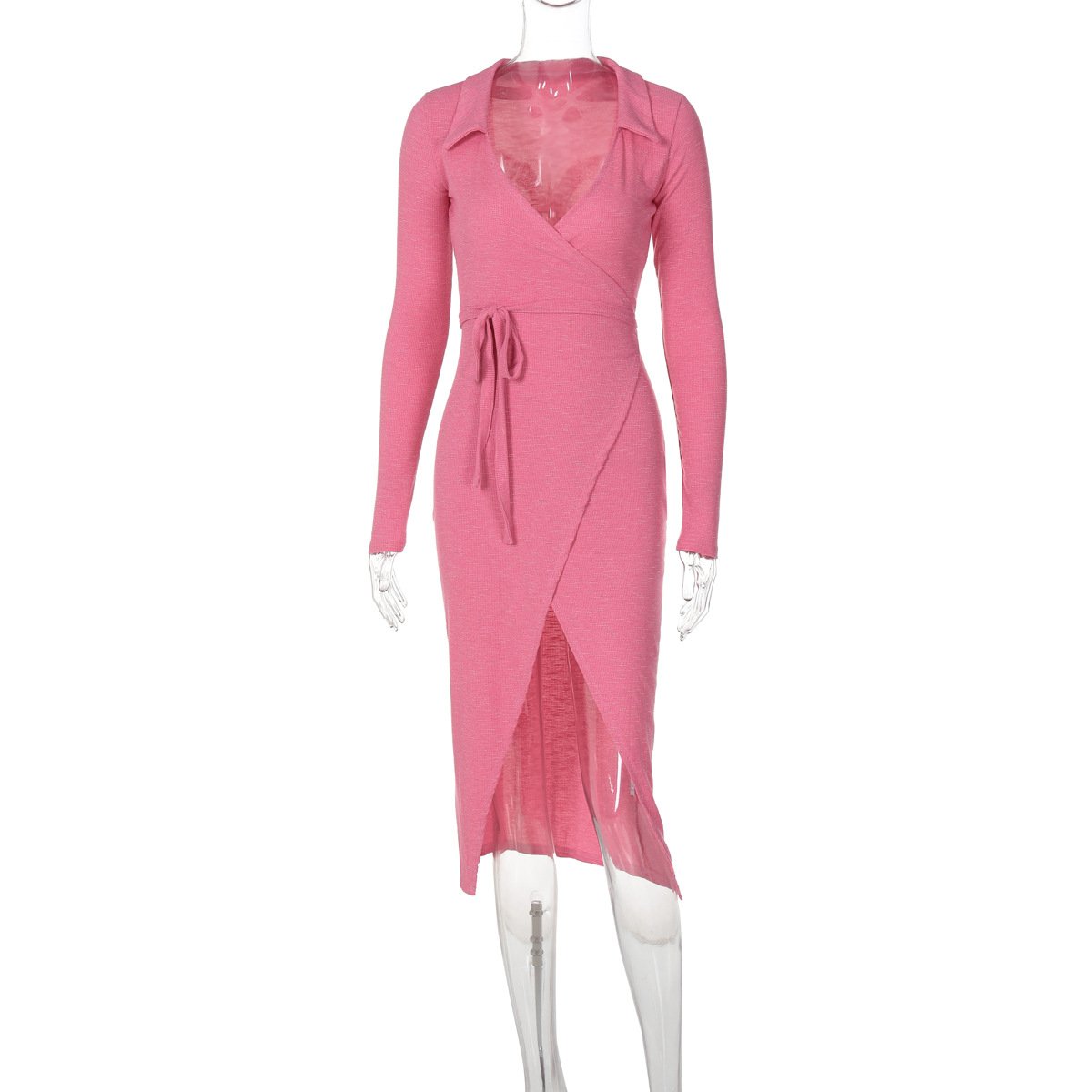 Turnover collar long sleeve slit self tie midi dress  | red tango dress