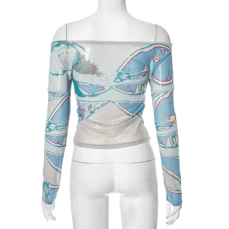 Long sleeve off shoulder sheer mesh ruched contrast top