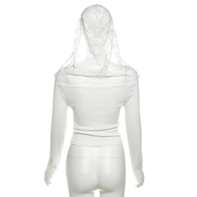 Hoodie off shoulder long sleeve lace beaded drawstring top