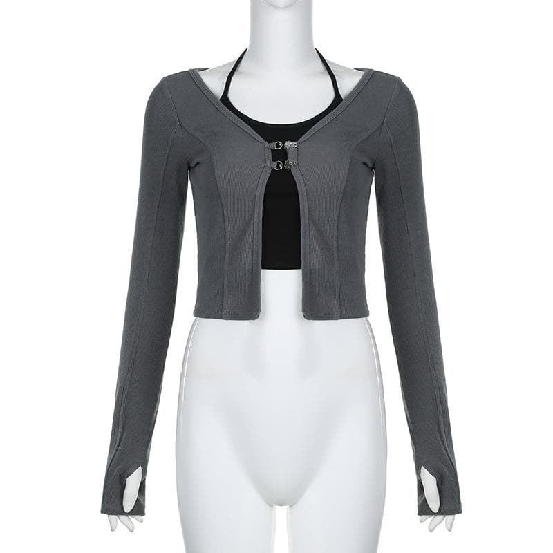 Button stitch long sleeve gloves contrast halter 2 piece crop top
