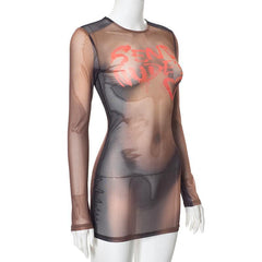 Long sleeve body print sheer mesh crewneck mini dress  | samba dress