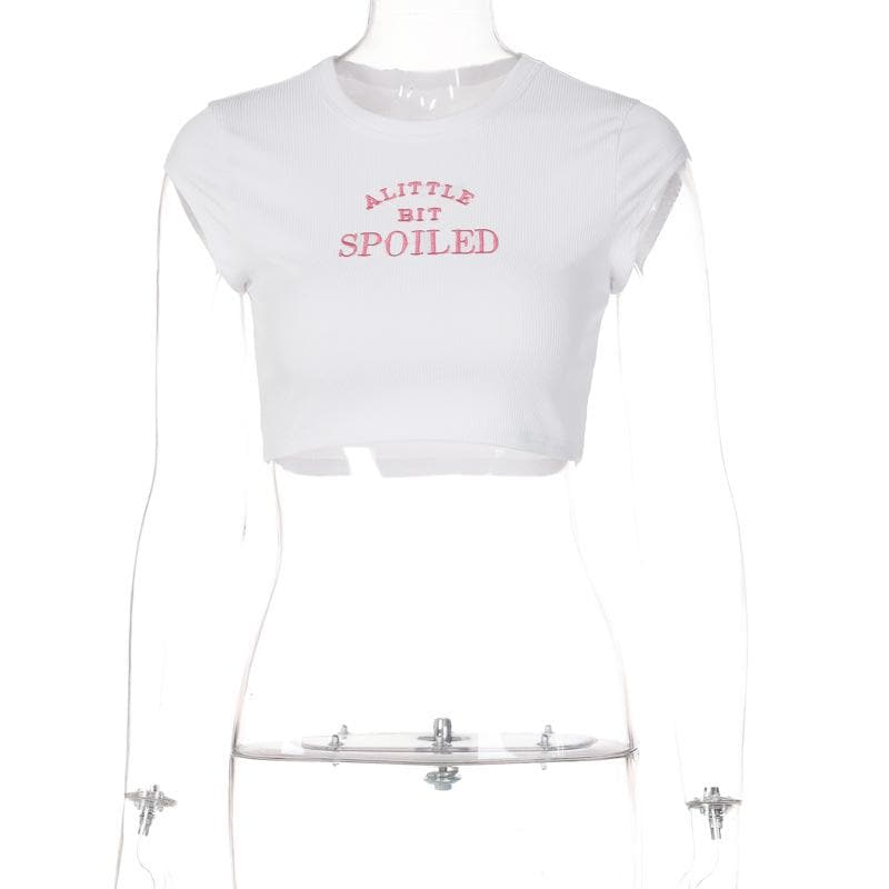 embroidery contrast crewneck cap sleeve crop top