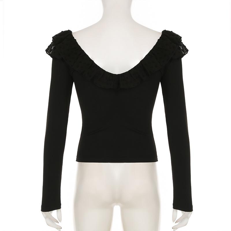 Long sleeve ruffle mesh patchwork top