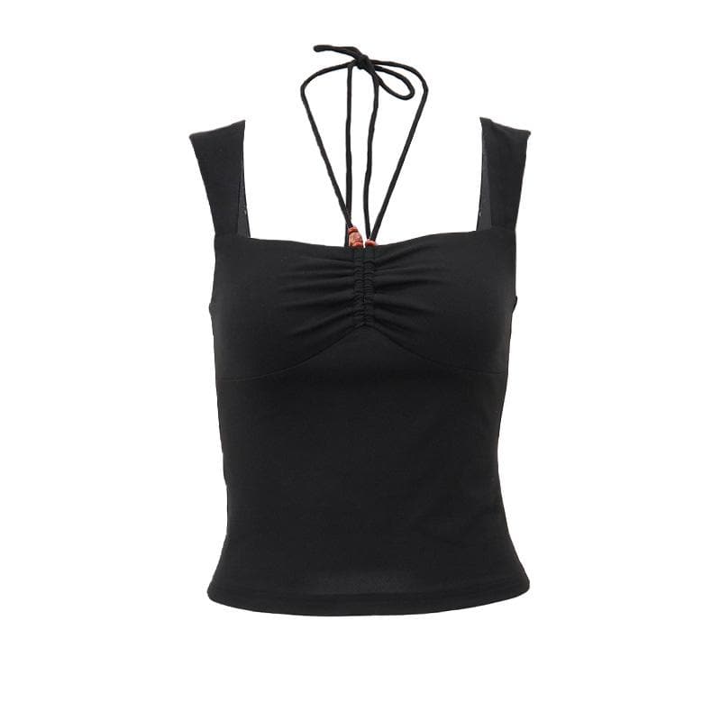 Halter sleeveless solid ruched beaded top