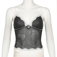 V neck polka dot print lace hem bowknot top