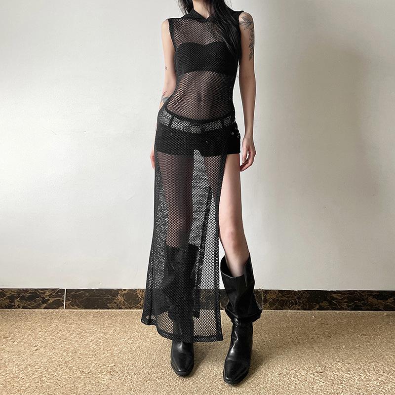 Hoodie sleeveless fishnet slit top