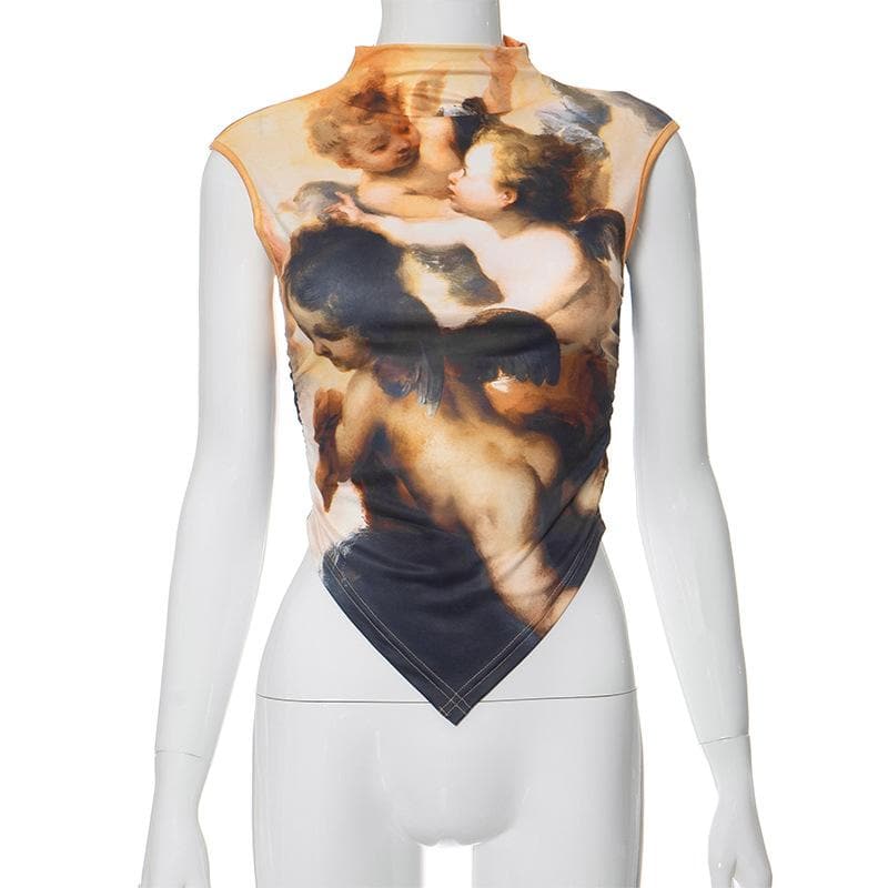 High neck print ruched contrast sleeveless top