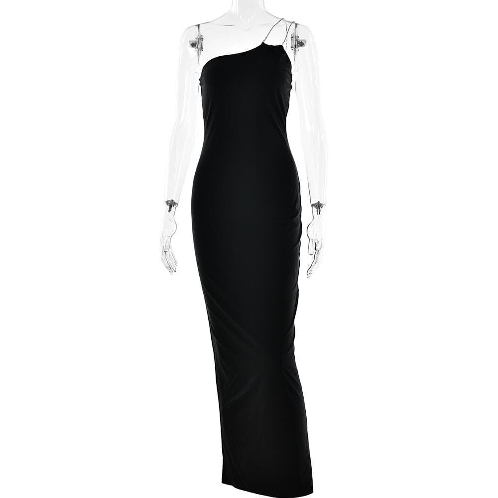 Metal chain one shoulder solid slit maxi dress  | red tango dress