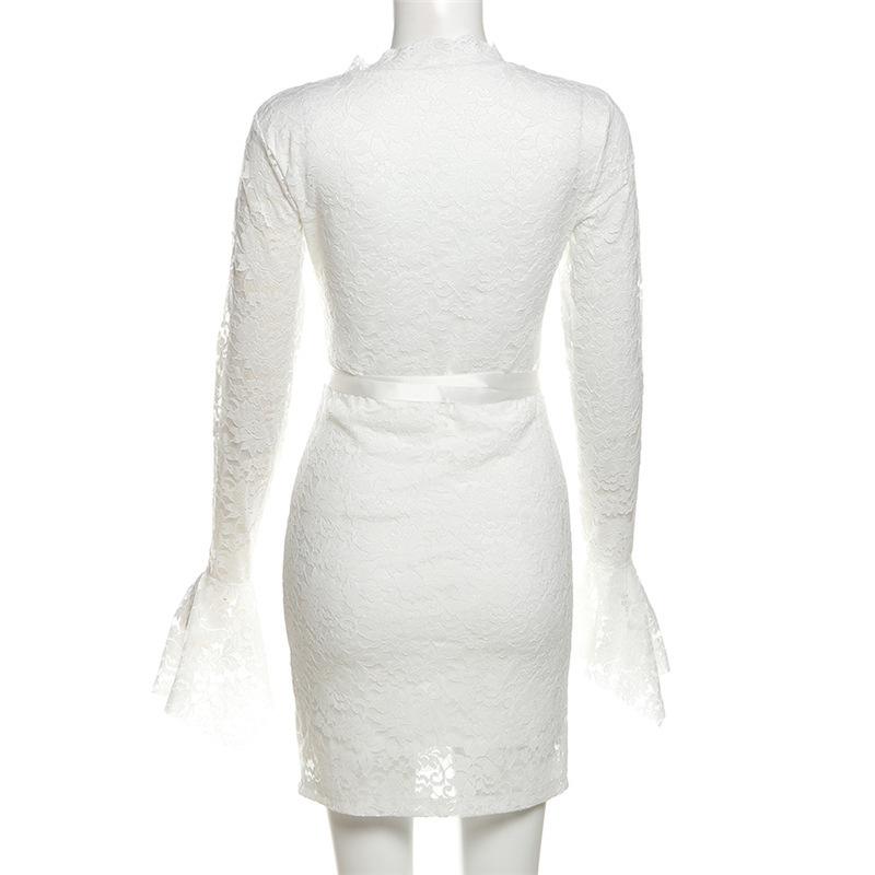 Long flared sleeve v neck lace self tie mini dress