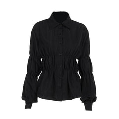 Turnover collar long puff sleeve button top