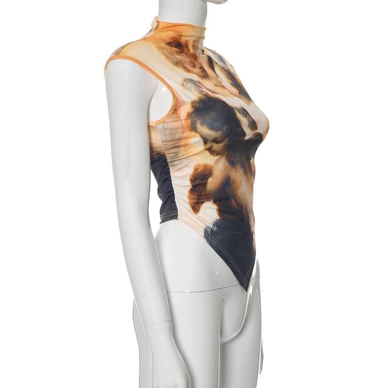 High neck print ruched contrast sleeveless top