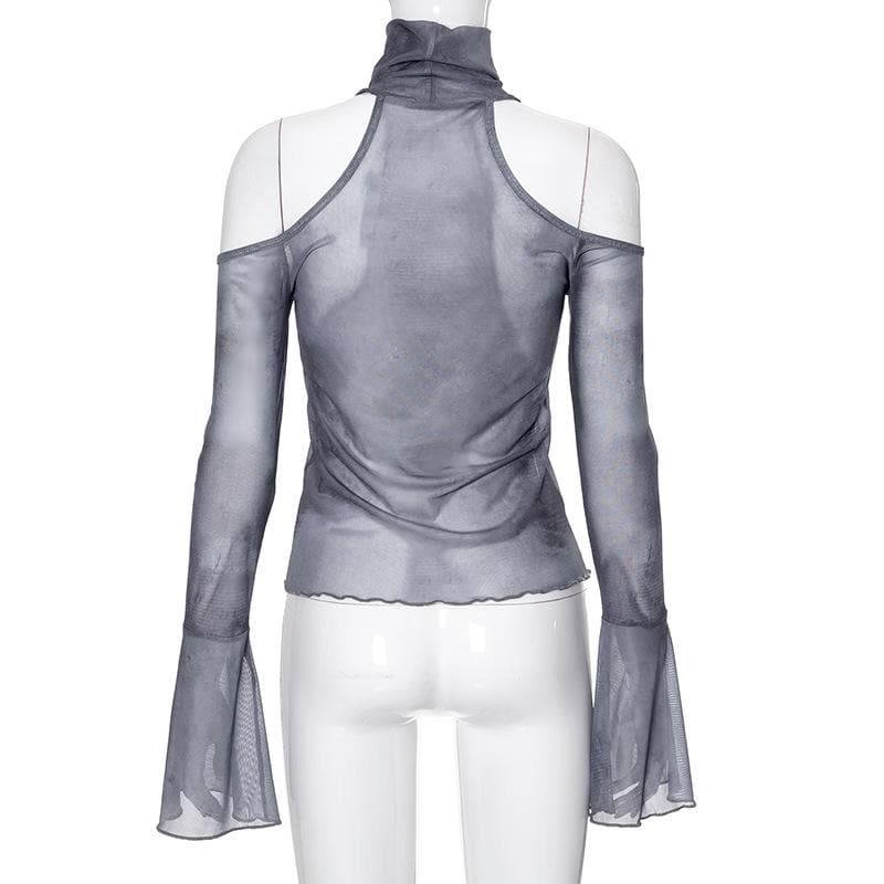 Long flared sleeve high neck sheer mesh print off shoulder top