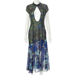 Short sleeve hollow out slit butterfly print see through midi dress