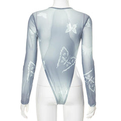 Long sleeve sheer mesh butterfly print bodysuit