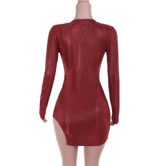 V neck long sleeve ruched slit glitter mini dress  | red tango dress