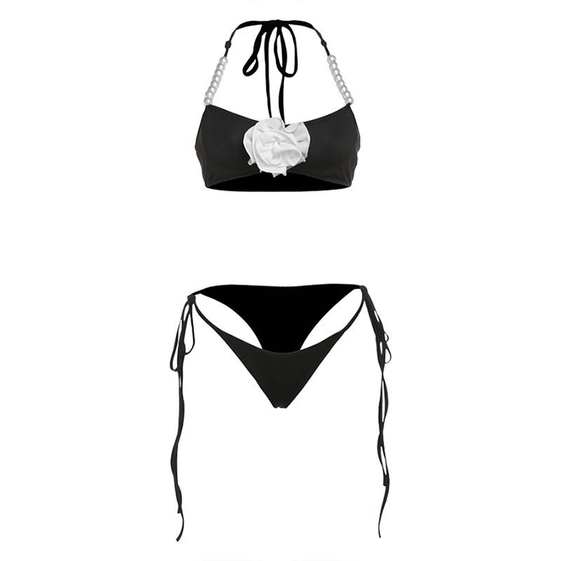 Halter flower applique faux pearl beaded pant set