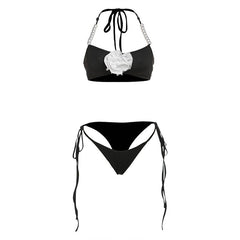 Halter flower applique faux pearl beaded pant set